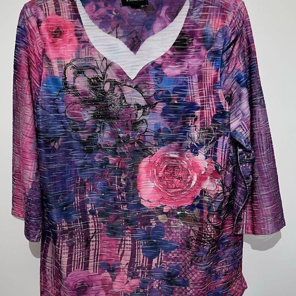 G Collection Women's Multicolor Floral 3/4 Sleeve Lined Pullover‎ Blouse Large